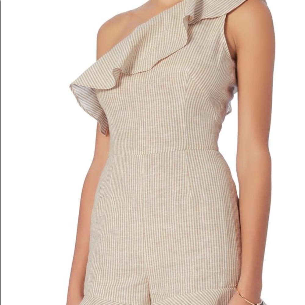 INTERMIX Linen One Shoulder Striped Romper